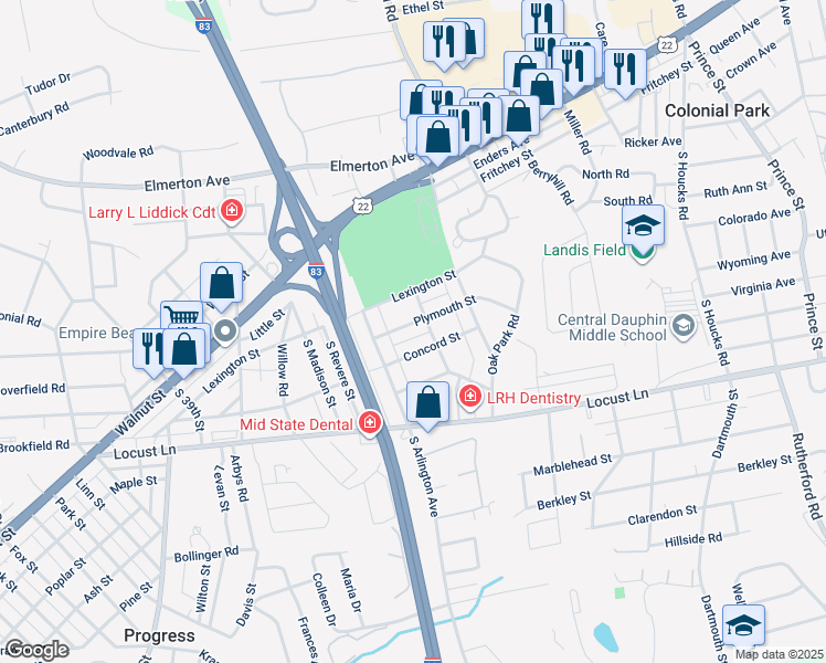 map of restaurants, bars, coffee shops, grocery stores, and more near 4225 Plymouth Street in Harrisburg