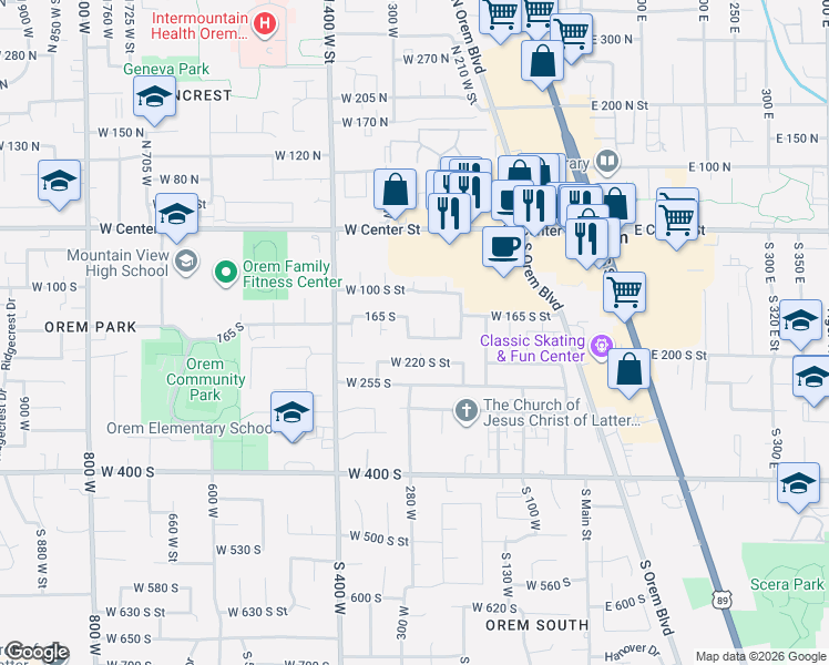 map of restaurants, bars, coffee shops, grocery stores, and more near 169 280 West in Orem
