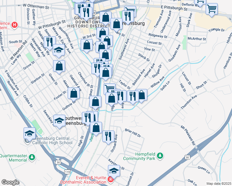 map of restaurants, bars, coffee shops, grocery stores, and more near 516 Wesbecher Way in Greensburg