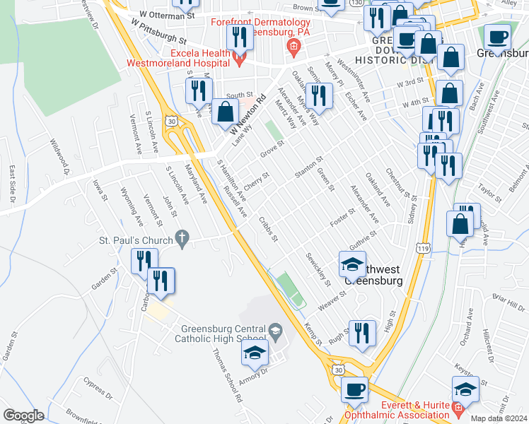 map of restaurants, bars, coffee shops, grocery stores, and more near 635 Stanton Street in Greensburg