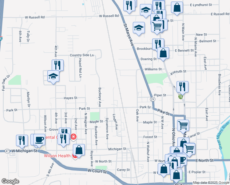 map of restaurants, bars, coffee shops, grocery stores, and more near 736 Linden Avenue in Sidney