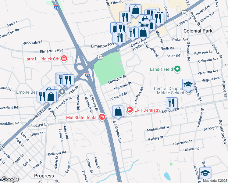 map of restaurants, bars, coffee shops, grocery stores, and more near 4225 Plymouth Street in Harrisburg