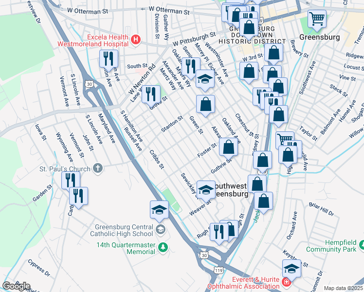 map of restaurants, bars, coffee shops, grocery stores, and more near 507 Welty Street in Greensburg
