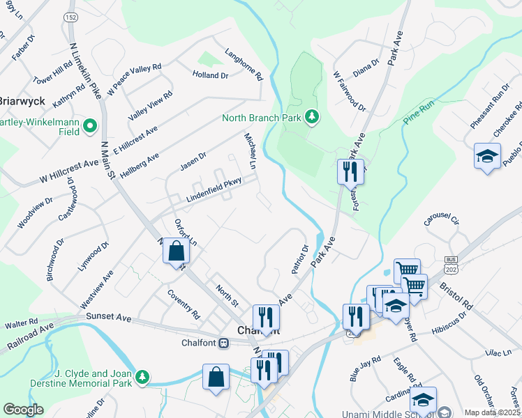 map of restaurants, bars, coffee shops, grocery stores, and more near 648 Patrick Pl in Chalfont