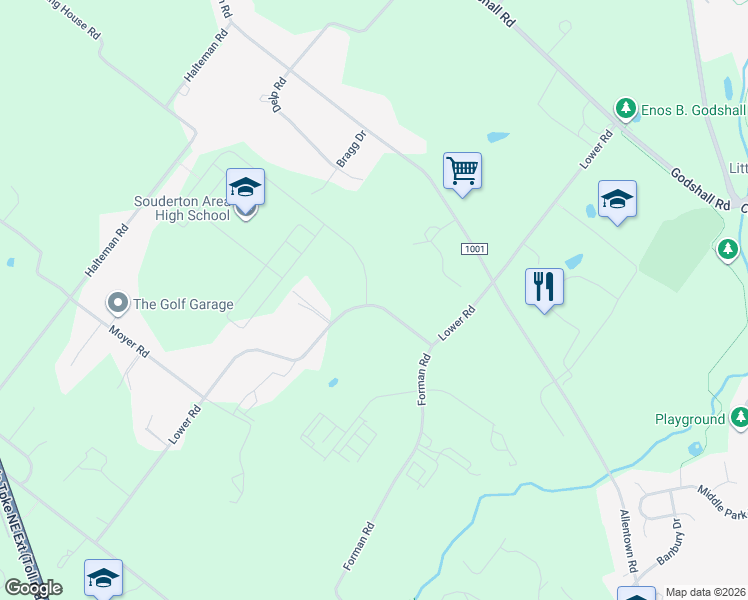 map of restaurants, bars, coffee shops, grocery stores, and more near 625 Lower Road in Souderton