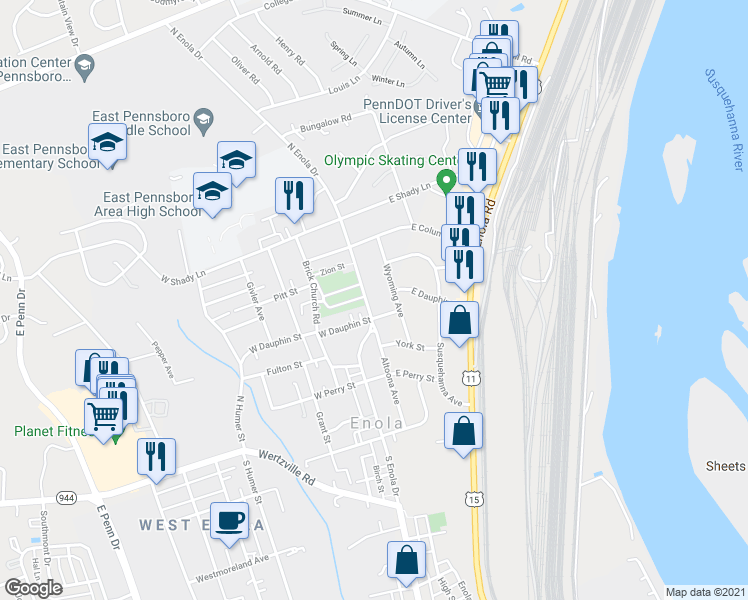 map of restaurants, bars, coffee shops, grocery stores, and more near 223 Wyoming Avenue in Enola