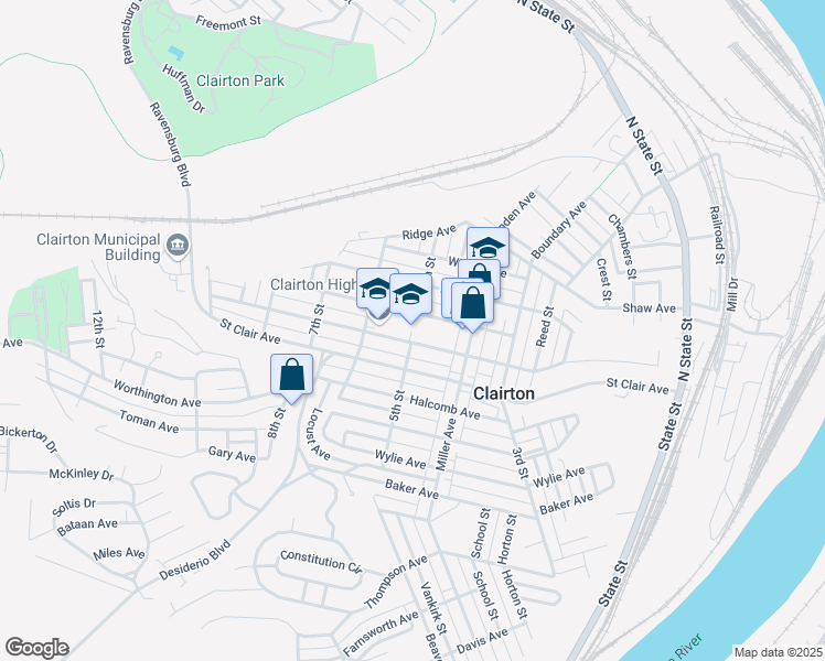 map of restaurants, bars, coffee shops, grocery stores, and more near 501 Waddell Avenue in Clairton