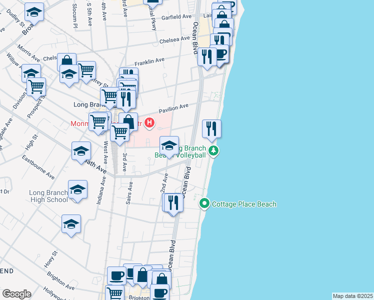 map of restaurants, bars, coffee shops, grocery stores, and more near 359 Ocean Boulevard in Long Branch