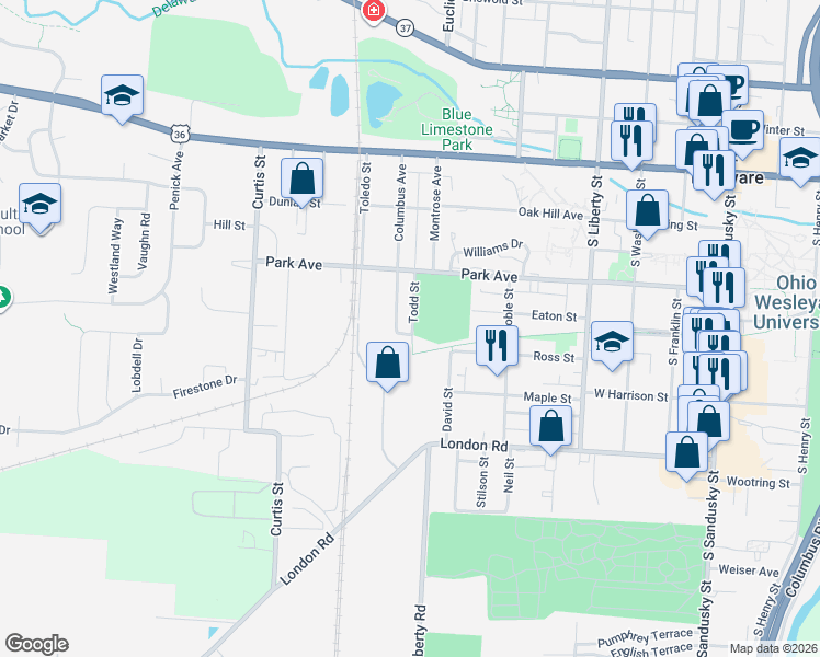 map of restaurants, bars, coffee shops, grocery stores, and more near 161-1/2 Columbus Avenue in Delaware