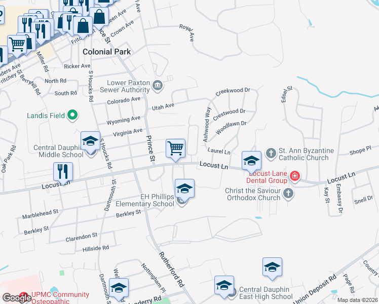 map of restaurants, bars, coffee shops, grocery stores, and more near 5024 Constitution Avenue in Harrisburg