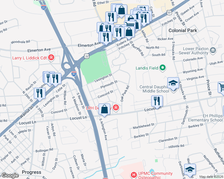 map of restaurants, bars, coffee shops, grocery stores, and more near 120 Maple Road in Harrisburg