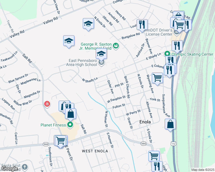 map of restaurants, bars, coffee shops, grocery stores, and more near 407 Pitt Street in Enola