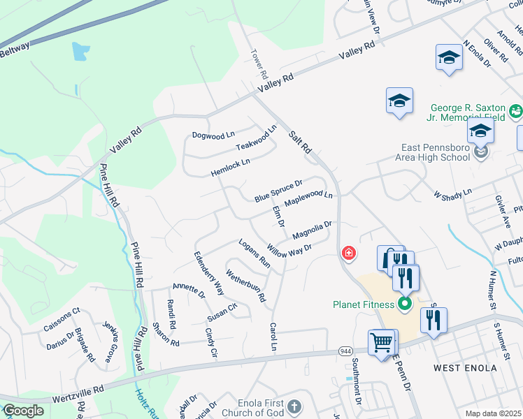map of restaurants, bars, coffee shops, grocery stores, and more near 927 Maplewood Lane in Enola