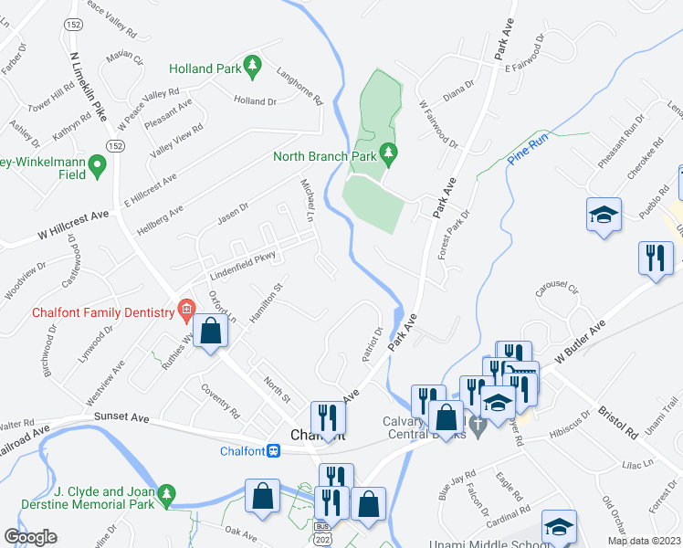 map of restaurants, bars, coffee shops, grocery stores, and more near 864 Patrick Place in Chalfont