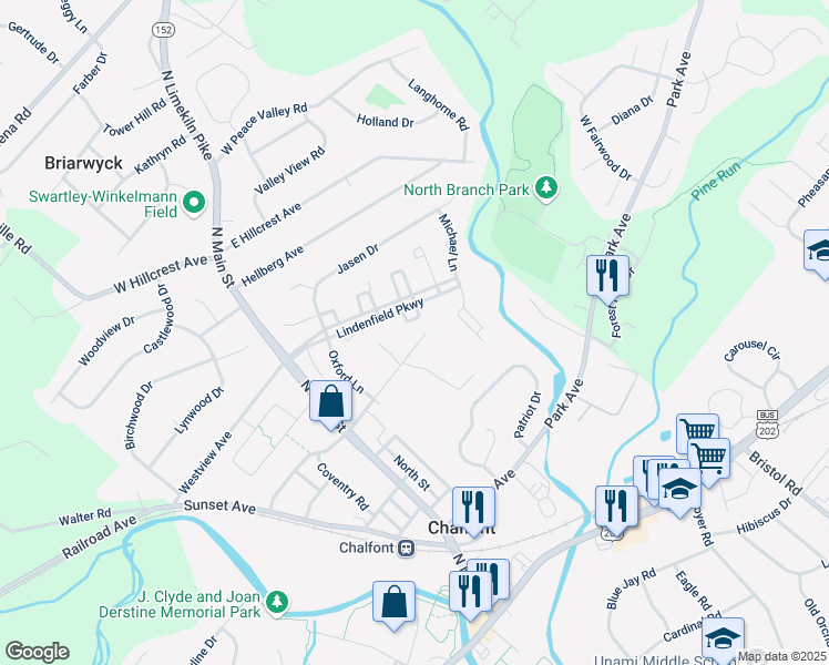 map of restaurants, bars, coffee shops, grocery stores, and more near 12 Jennifer Drive in Chalfont