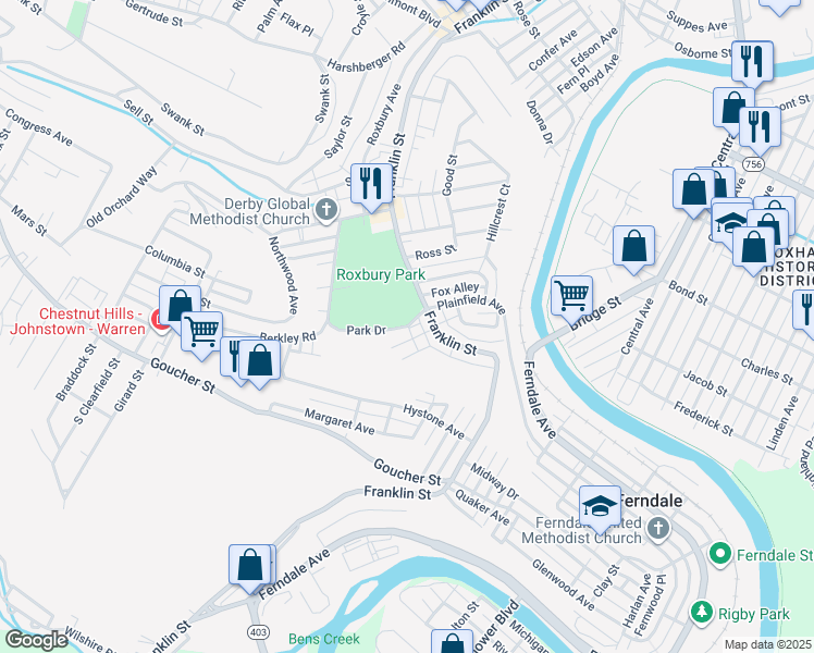 map of restaurants, bars, coffee shops, grocery stores, and more near 132 Park Drive in Johnstown