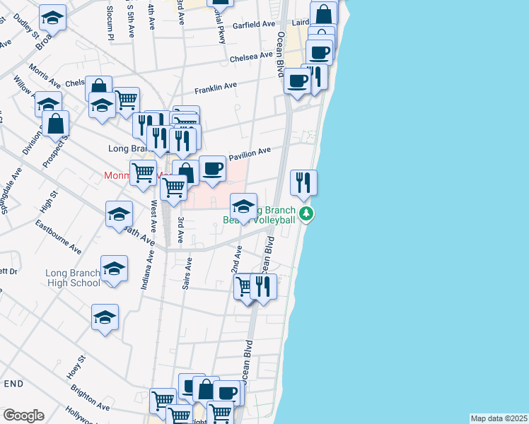 map of restaurants, bars, coffee shops, grocery stores, and more near 67 Dunbar Avenue in Long Branch