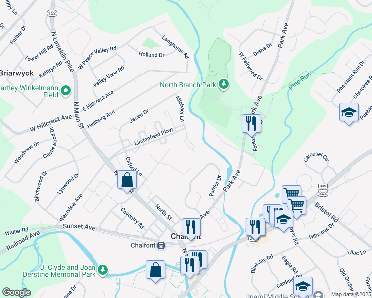 map of restaurants, bars, coffee shops, grocery stores, and more near 643 Patrick Place in Chalfont