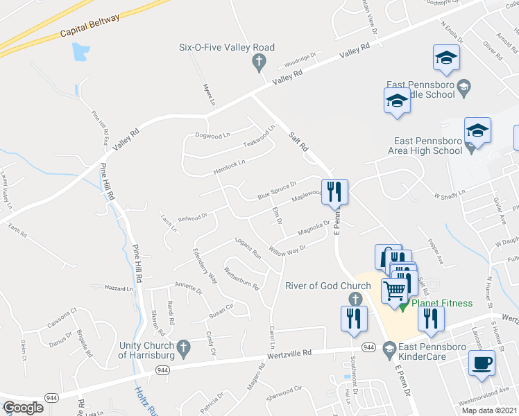 map of restaurants, bars, coffee shops, grocery stores, and more near 927 Maplewood Lane in Enola