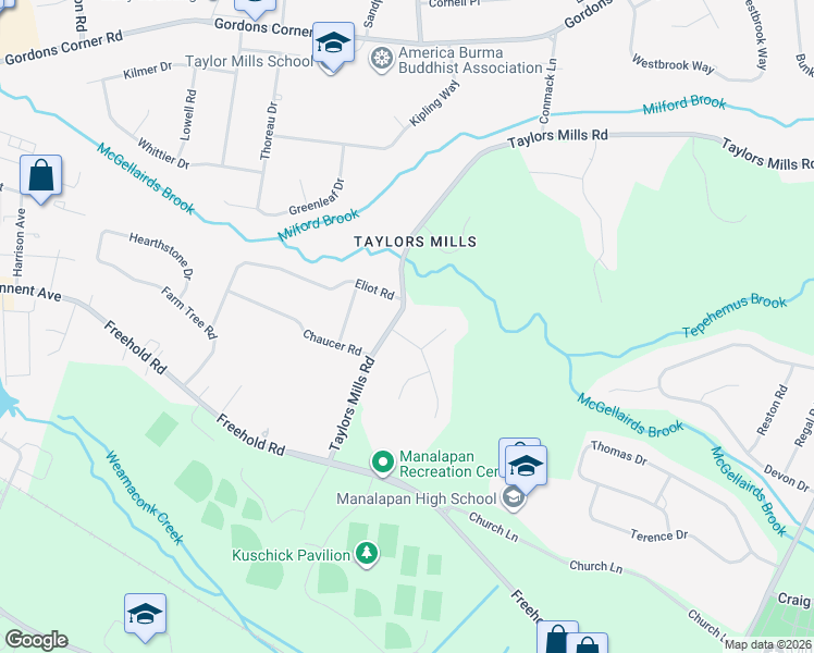 map of restaurants, bars, coffee shops, grocery stores, and more near 27 Taylors Mills Road in Manalapan Township