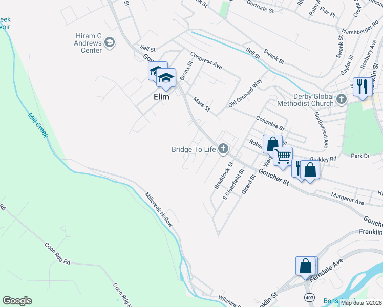 map of restaurants, bars, coffee shops, grocery stores, and more near 545 Goucher Street in Johnstown