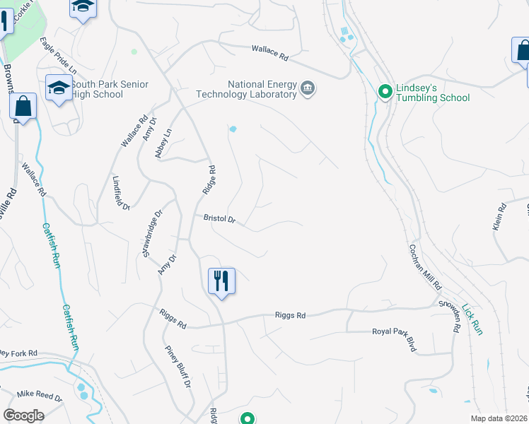 map of restaurants, bars, coffee shops, grocery stores, and more near 2072 Stagecoach Drive in South Park Township