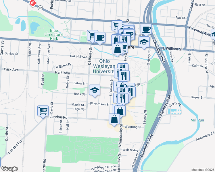 map of restaurants, bars, coffee shops, grocery stores, and more near 56 Bernard Avenue in Delaware