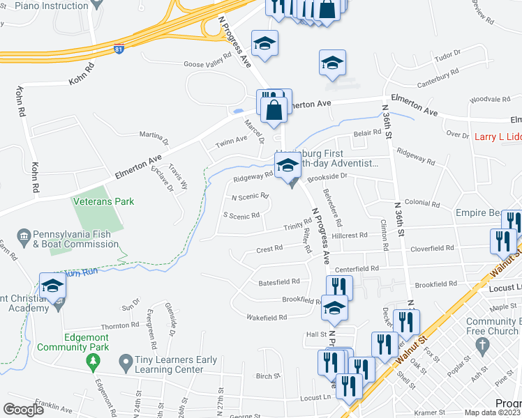 map of restaurants, bars, coffee shops, grocery stores, and more near 3232 South Scenic Road in Harrisburg