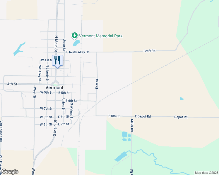 map of restaurants, bars, coffee shops, grocery stores, and more near 606 East 5th Street in Vermont