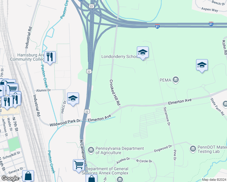 map of restaurants, bars, coffee shops, grocery stores, and more near in Harrisburg