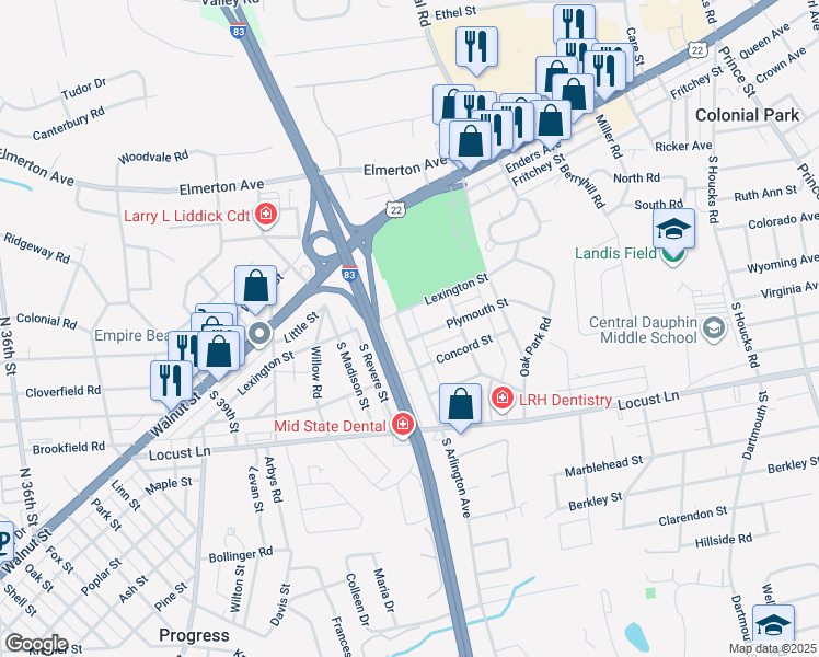 map of restaurants, bars, coffee shops, grocery stores, and more near 107 South Arlington Avenue in Harrisburg