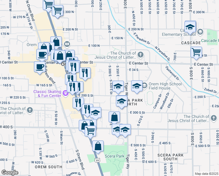 map of restaurants, bars, coffee shops, grocery stores, and more near 148 South 320 East Street in Orem