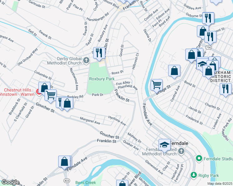 map of restaurants, bars, coffee shops, grocery stores, and more near 108 Park Dr in Johnstown