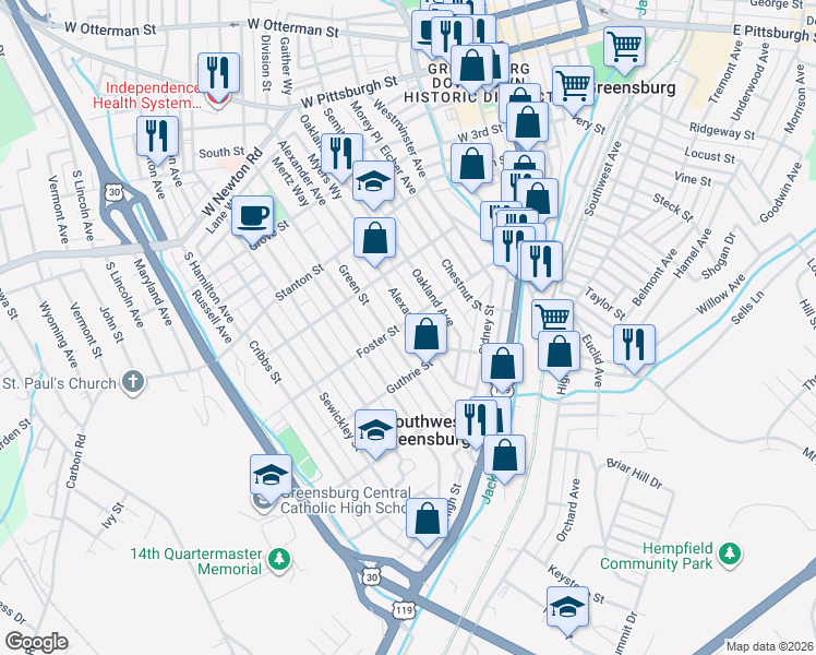 map of restaurants, bars, coffee shops, grocery stores, and more near 423 Foster Street in Greensburg