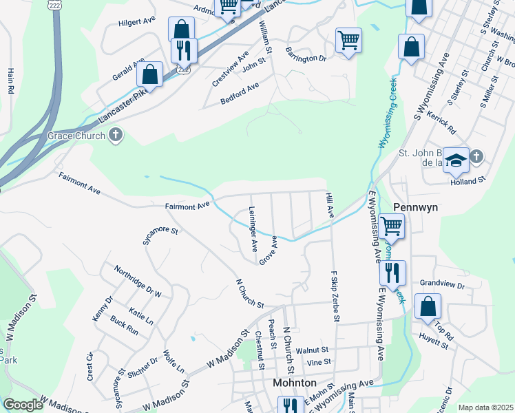 map of restaurants, bars, coffee shops, grocery stores, and more near 632 Leininger Avenue in Mohnton