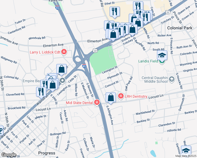 map of restaurants, bars, coffee shops, grocery stores, and more near 107 South Arlington Avenue in Harrisburg