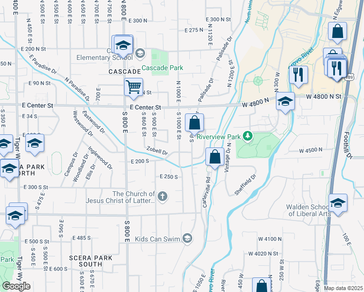 map of restaurants, bars, coffee shops, grocery stores, and more near 153 South 1000 East in Orem