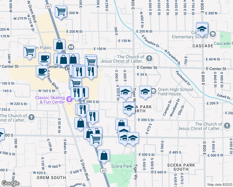 map of restaurants, bars, coffee shops, grocery stores, and more near 148 South 320 East Street in Orem