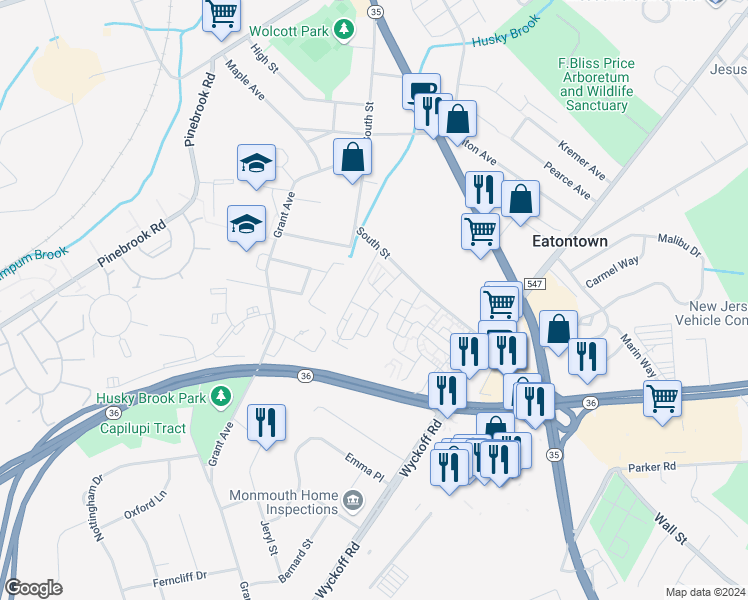 map of restaurants, bars, coffee shops, grocery stores, and more near 37 Church Street in Eatontown