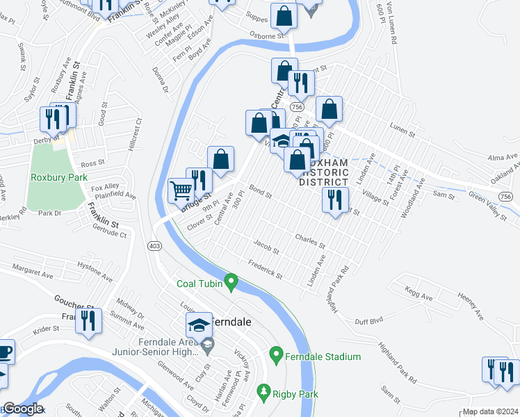 map of restaurants, bars, coffee shops, grocery stores, and more near 724 Coleman Avenue in Johnstown