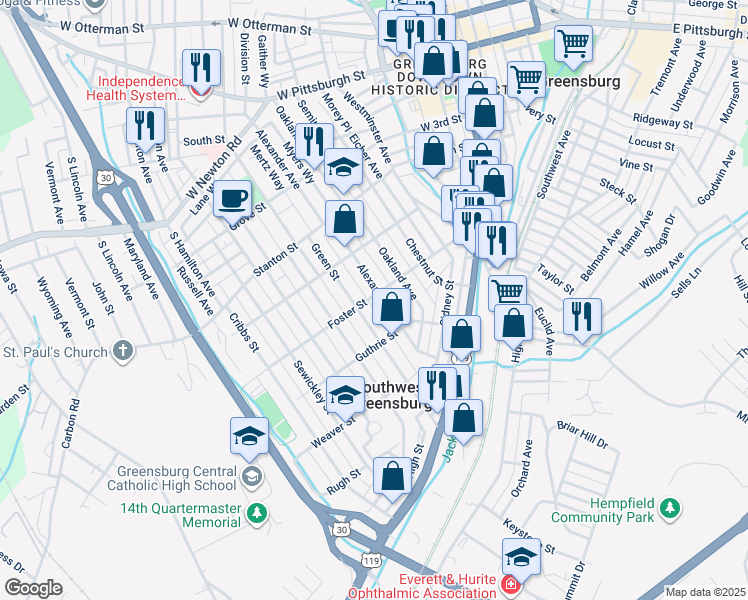 map of restaurants, bars, coffee shops, grocery stores, and more near 423 Foster Street in Greensburg