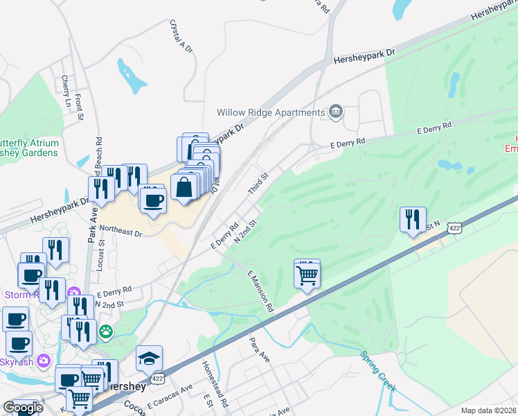 map of restaurants, bars, coffee shops, grocery stores, and more near 425 East Derry Road in Hershey