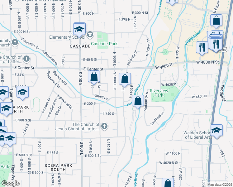 map of restaurants, bars, coffee shops, grocery stores, and more near 153 South 1000 East in Orem