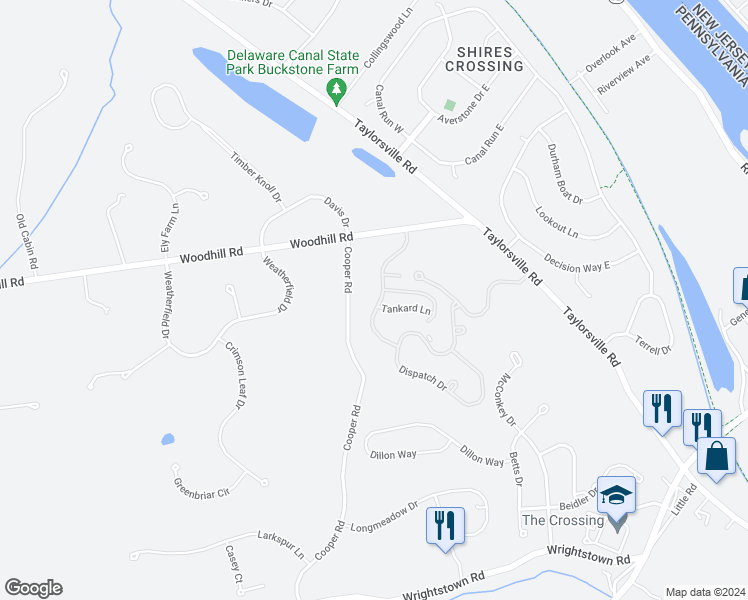 map of restaurants, bars, coffee shops, grocery stores, and more near 21 Sentinel Road in Washington Crossing