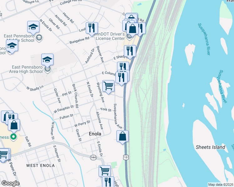 map of restaurants, bars, coffee shops, grocery stores, and more near 202 Susquehanna Avenue in Enola