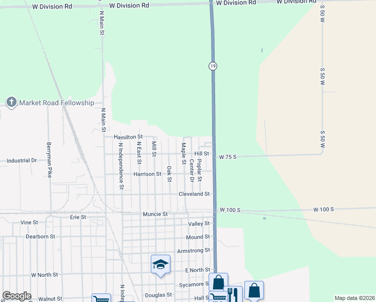 map of restaurants, bars, coffee shops, grocery stores, and more near 610 Hill Street in Tipton
