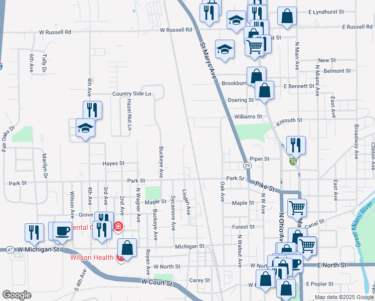 map of restaurants, bars, coffee shops, grocery stores, and more near 736 Linden Avenue in Sidney