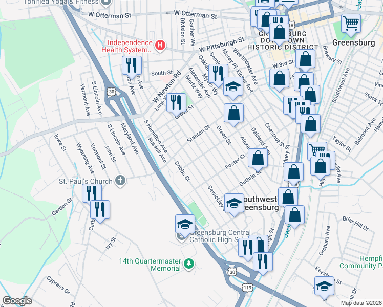 map of restaurants, bars, coffee shops, grocery stores, and more near 419 Sewickley Street in Greensburg