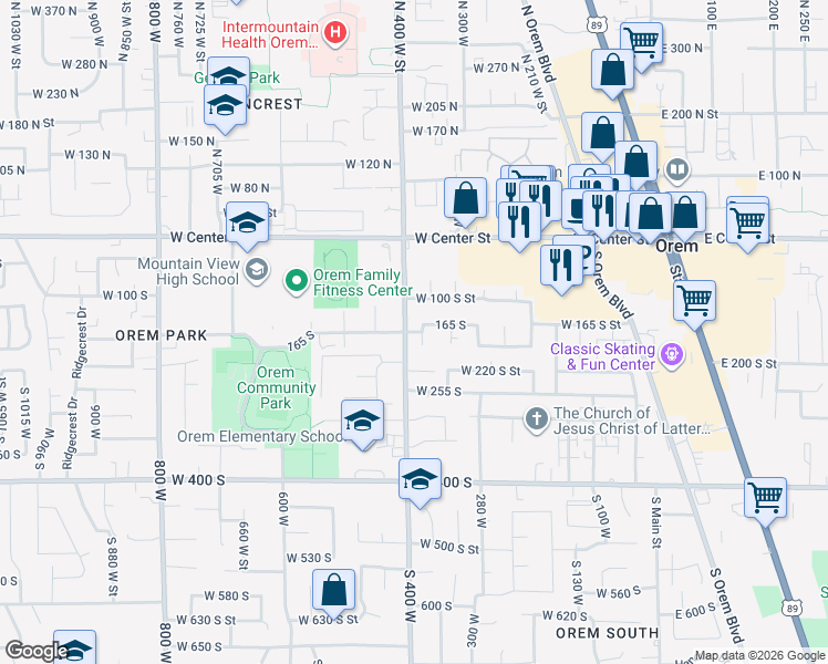 map of restaurants, bars, coffee shops, grocery stores, and more near 390 165 South in Orem