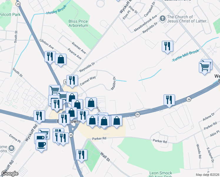 map of restaurants, bars, coffee shops, grocery stores, and more near 79 Malibu Drive in Eatontown